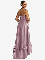 Rear View Thumbnail - Dusty Rose Strapless Deep Ruffle Hem Satin High Low Dress with Pockets