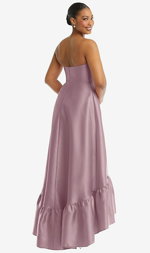 Back View - Dusty Rose Strapless Deep Ruffle Hem Satin High Low Dress with Pockets