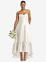Front View Thumbnail - Ivory Strapless Deep Ruffle Hem Satin High Low Dress with Pockets
