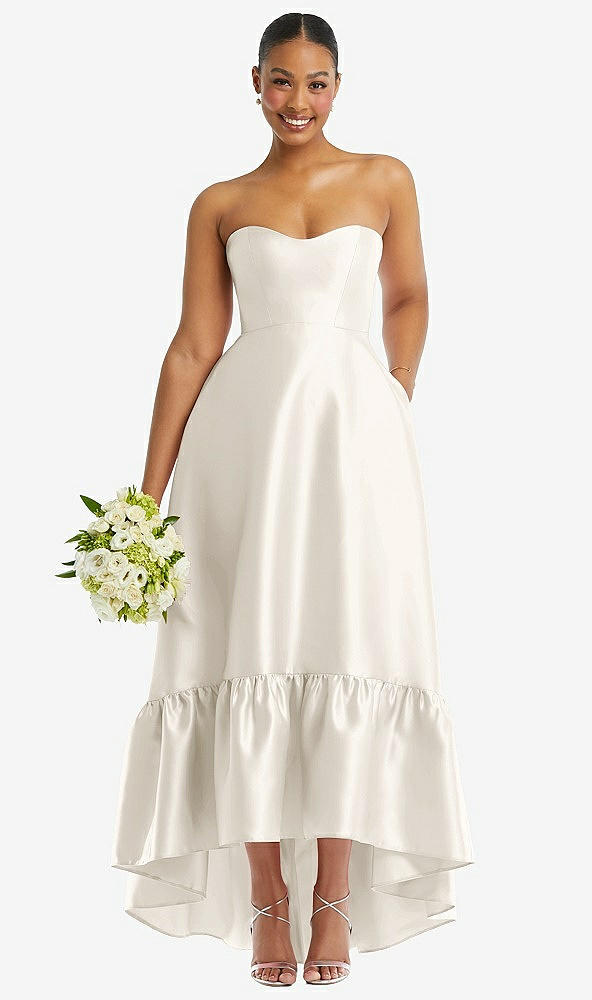 Front View - Ivory Strapless Deep Ruffle Hem Satin High Low Dress with Pockets