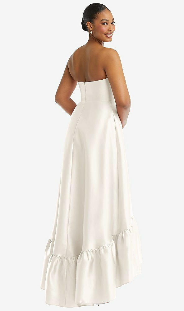 Back View - Ivory Strapless Deep Ruffle Hem Satin High Low Dress with Pockets