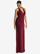 Alt View 1 Thumbnail - Burgundy Plunge Neck Halter Backless Trumpet Gown with Front Slit