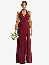 Alt View 2 Thumbnail - Burgundy Plunge Neck Halter Backless Trumpet Gown with Front Slit