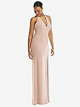 Alt View 1 Thumbnail - Cameo Plunge Neck Halter Backless Trumpet Gown with Front Slit