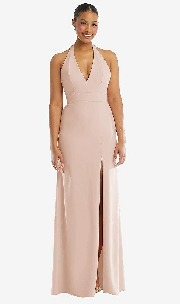 Front View - Cameo Plunge Neck Halter Backless Trumpet Gown with Front Slit