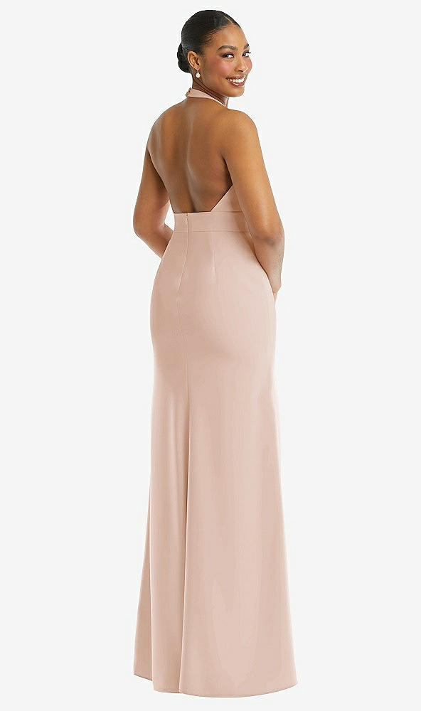 Back View - Cameo Plunge Neck Halter Backless Trumpet Gown with Front Slit