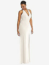 Alt View 1 Thumbnail - Ivory Plunge Neck Halter Backless Trumpet Gown with Front Slit