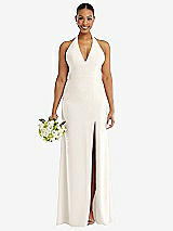 Alt View 2 Thumbnail - Ivory Plunge Neck Halter Backless Trumpet Gown with Front Slit