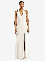Front View Thumbnail - Ivory Plunge Neck Halter Backless Trumpet Gown with Front Slit