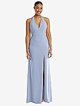 Front View Thumbnail - Sky Blue Plunge Neck Halter Backless Trumpet Gown with Front Slit