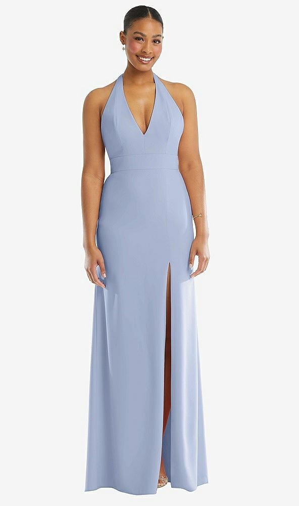 Front View - Sky Blue Plunge Neck Halter Backless Trumpet Gown with Front Slit