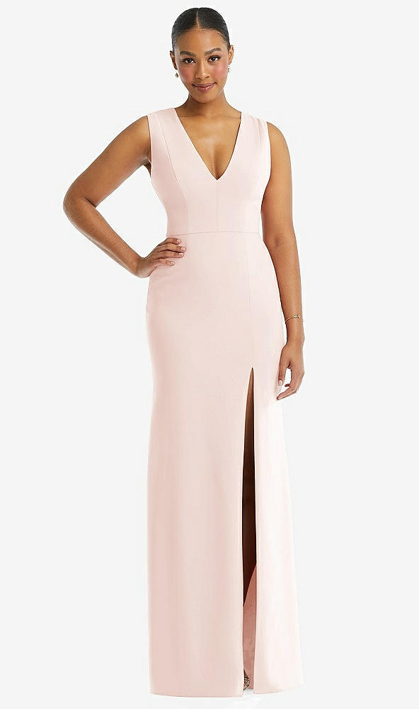 Front View - Blush Deep V-Neck Closed Back Crepe Trumpet Gown with Front Slit