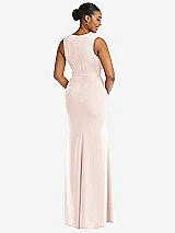 Rear View Thumbnail - Blush Deep V-Neck Closed Back Crepe Trumpet Gown with Front Slit