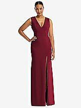 Front View Thumbnail - Burgundy Deep V-Neck Closed Back Crepe Trumpet Gown with Front Slit
