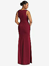 Rear View Thumbnail - Burgundy Deep V-Neck Closed Back Crepe Trumpet Gown with Front Slit