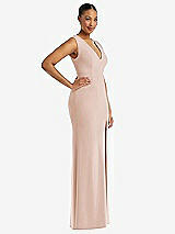 Side View Thumbnail - Cameo Deep V-Neck Closed Back Crepe Trumpet Gown with Front Slit
