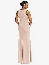 Rear View Thumbnail - Cameo Deep V-Neck Closed Back Crepe Trumpet Gown with Front Slit