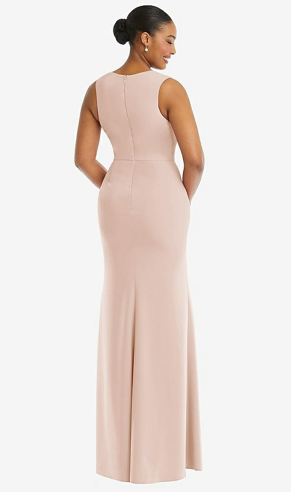 Back View - Cameo Deep V-Neck Closed Back Crepe Trumpet Gown with Front Slit