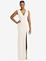 Front View Thumbnail - Ivory Deep V-Neck Closed Back Crepe Trumpet Gown with Front Slit