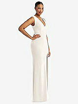 Side View Thumbnail - Ivory Deep V-Neck Closed Back Crepe Trumpet Gown with Front Slit