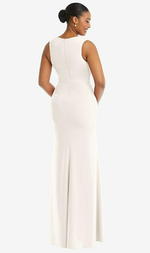 Back View - Ivory Deep V-Neck Closed Back Crepe Trumpet Gown with Front Slit