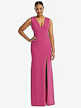 Front View Thumbnail - Tea Rose Deep V-Neck Closed Back Crepe Trumpet Gown with Front Slit