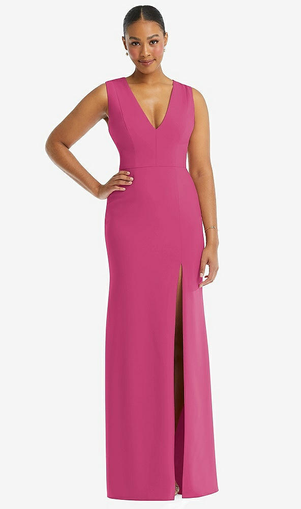Front View - Tea Rose Deep V-Neck Closed Back Crepe Trumpet Gown with Front Slit