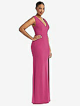 Side View Thumbnail - Tea Rose Deep V-Neck Closed Back Crepe Trumpet Gown with Front Slit
