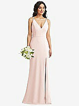 Alt View 1 Thumbnail - Blush Skinny Strap Deep V-Neck Crepe Trumpet Gown with Front Slit