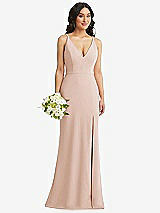 Alt View 1 Thumbnail - Cameo Skinny Strap Deep V-Neck Crepe Trumpet Gown with Front Slit