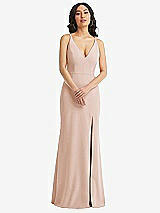 Front View Thumbnail - Cameo Skinny Strap Deep V-Neck Crepe Trumpet Gown with Front Slit