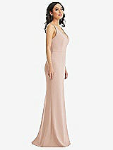 Side View Thumbnail - Cameo Skinny Strap Deep V-Neck Crepe Trumpet Gown with Front Slit