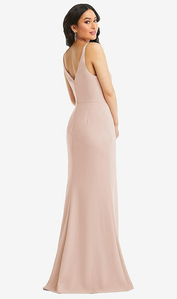 Back View - Cameo Skinny Strap Deep V-Neck Crepe Trumpet Gown with Front Slit