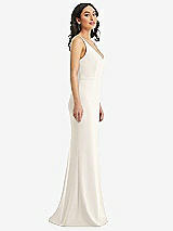 Side View Thumbnail - Ivory Skinny Strap Deep V-Neck Crepe Trumpet Gown with Front Slit