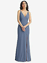 Front View Thumbnail - Larkspur Blue Skinny Strap Deep V-Neck Crepe Trumpet Gown with Front Slit