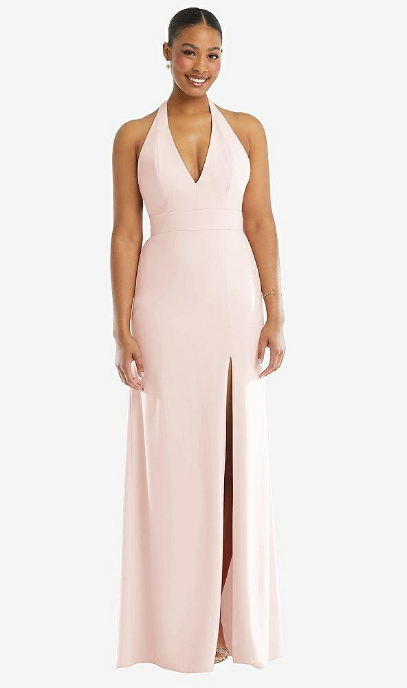 Front View - Blush Plunge Neck Halter Backless Trumpet Gown with Front Slit