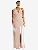 Front View Thumbnail - Cameo Plunge Neck Halter Backless Trumpet Gown with Front Slit