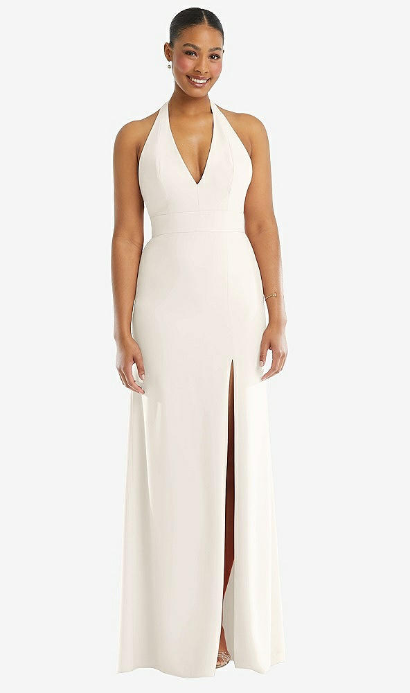Front View - Ivory Plunge Neck Halter Backless Trumpet Gown with Front Slit