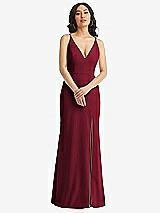 Front View Thumbnail - Burgundy Skinny Strap Deep V-Neck Crepe Trumpet Gown with Front Slit