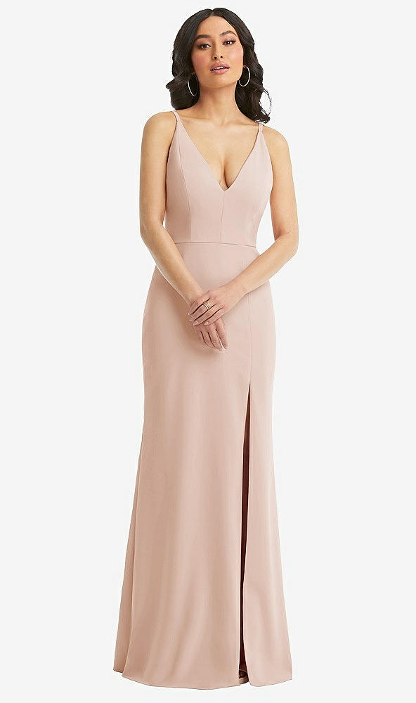 Front View - Cameo Skinny Strap Deep V-Neck Crepe Trumpet Gown with Front Slit