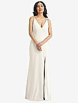 Front View Thumbnail - Ivory Skinny Strap Deep V-Neck Crepe Trumpet Gown with Front Slit