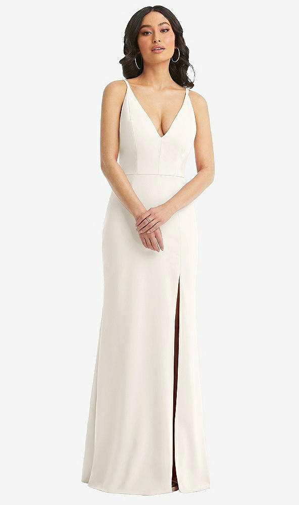 Front View - Ivory Skinny Strap Deep V-Neck Crepe Trumpet Gown with Front Slit