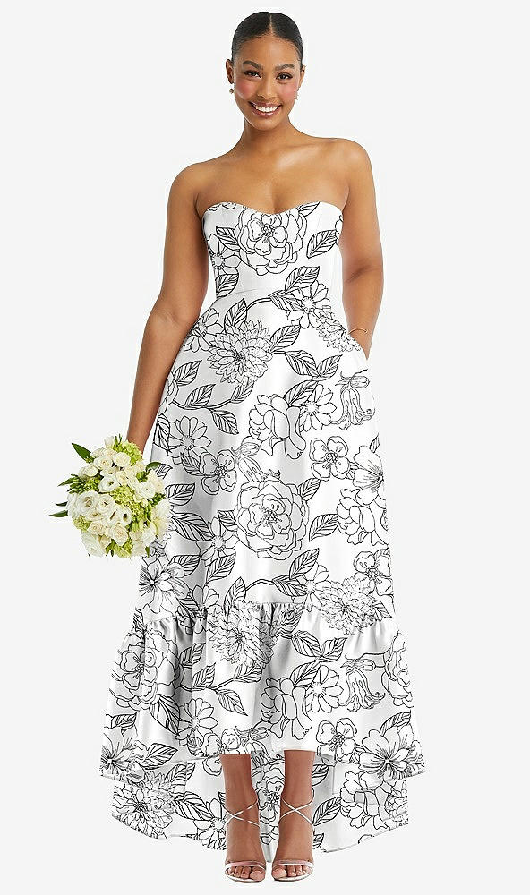 Front View - Botanica Strapless Floral High-Low Ruffle Hem Maxi Dress with Pockets