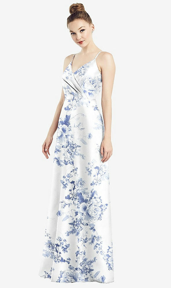 Front View - Cottage Rose Larkspur Draped Wrap Floral Satin Maxi Dress with Pockets