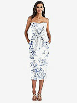 Front View Thumbnail - Cottage Rose Larkspur Strapless Bow-Waist Pleated Floral Satin Pencil Dress with Pockets