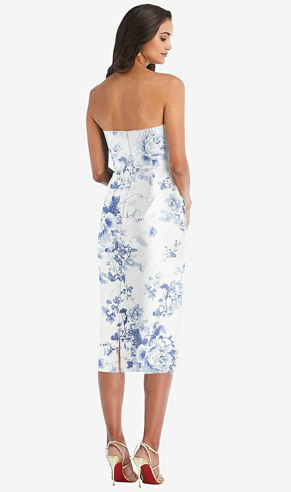 Back View - Cottage Rose Larkspur Strapless Bow-Waist Pleated Floral Satin Pencil Dress with Pockets