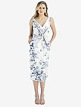 Front View Thumbnail - Cottage Rose Larkspur Sleeveless Pleated Bow-Waist Floral Satin Pencil Dress with Pockets