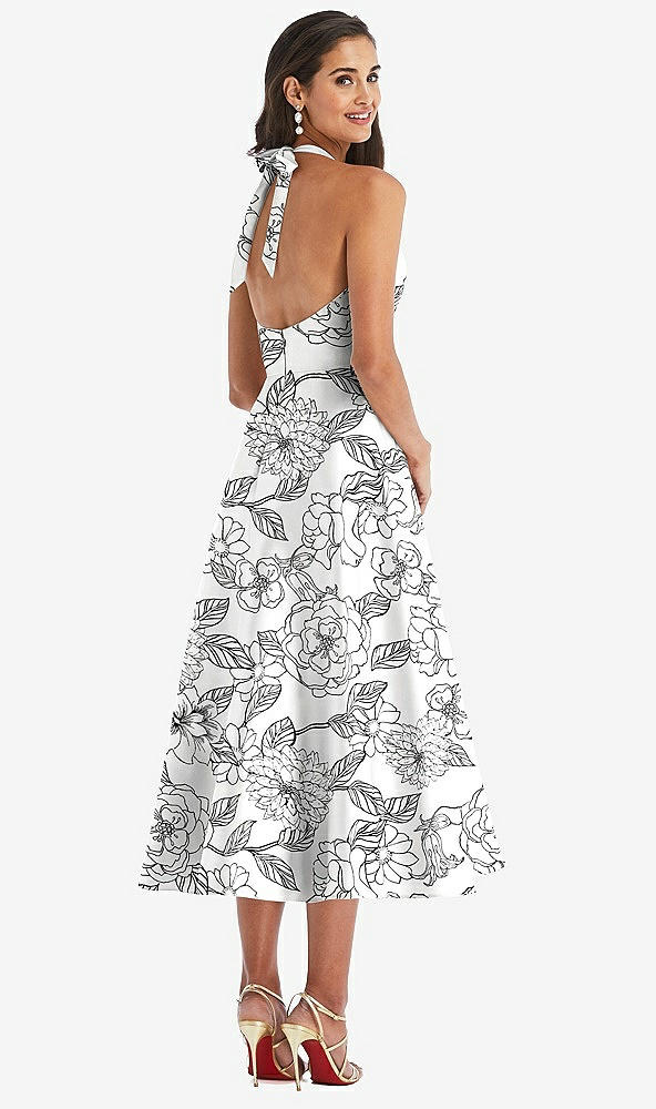 Back View - Botanica Tie-Neck Halter Full Skirt Floral Satin Midi Dress