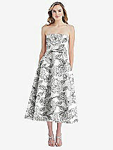 Front View Thumbnail - Botanica Strapless Bow-Waist Full Skirt Floral Satin Midi Dress