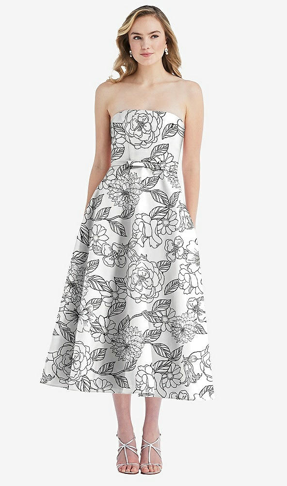 Front View - Botanica Strapless Bow-Waist Full Skirt Floral Satin Midi Dress